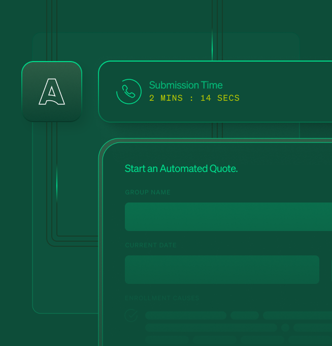 A green interface for starting an automated insurance quote with input fields for group name, state, current date, effective date, and enrollment causes, showing submission time of 2 minutes and 14 seconds